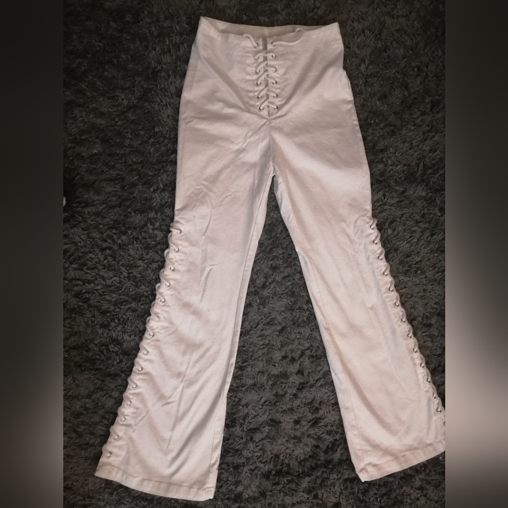 White flare tie-up pants